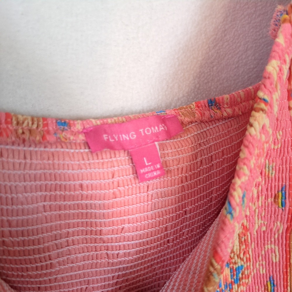 Flying Tomato Pink Boho Puff Sleeve Mini Dress L Cottagecore Coquette Paisley - Picture 5 of 8